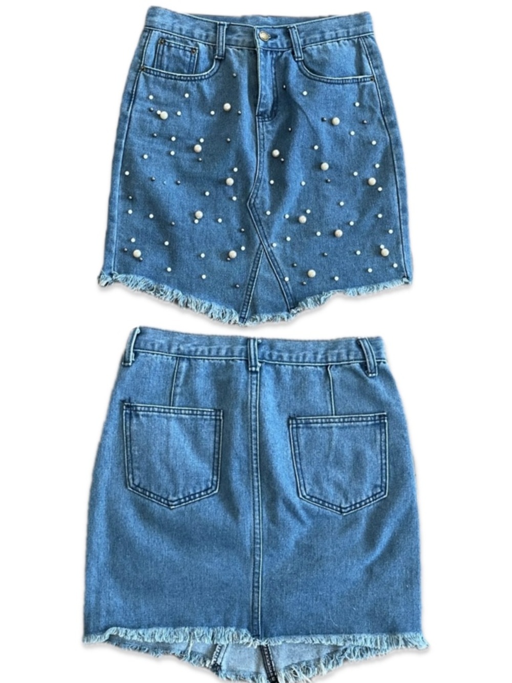 Heritage Falmer Blue Denim Pearl Embellished Mini Skirt Raw Hem Medium M